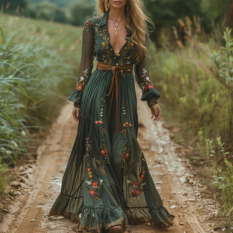 Tahlia | Bohemian bloemen maxi-jurk – gestructureerde kraag, geplooide flatterende zomerjurk
