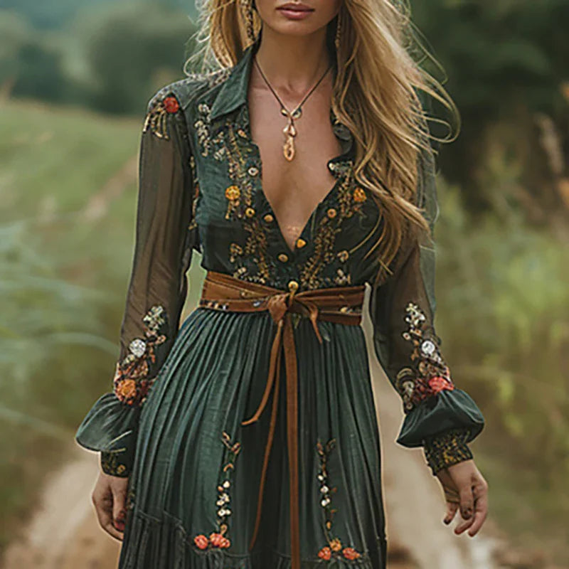 Tahlia | Bohemian bloemen maxi-jurk – gestructureerde kraag, geplooide flatterende zomerjurk