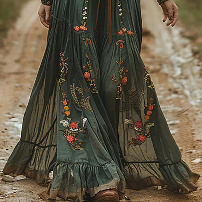 Tahlia | Bohemian bloemen maxi-jurk – gestructureerde kraag, geplooide flatterende zomerjurk