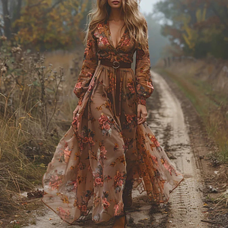 Tahlia | Bohemian bloemen maxi-jurk – gestructureerde kraag, geplooide flatterende zomerjurk