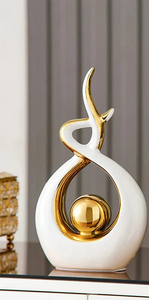 Sculptura | Abstracte keramische kunstsculptuur met gouden accenten - Modern decor voor thuis en kantoor