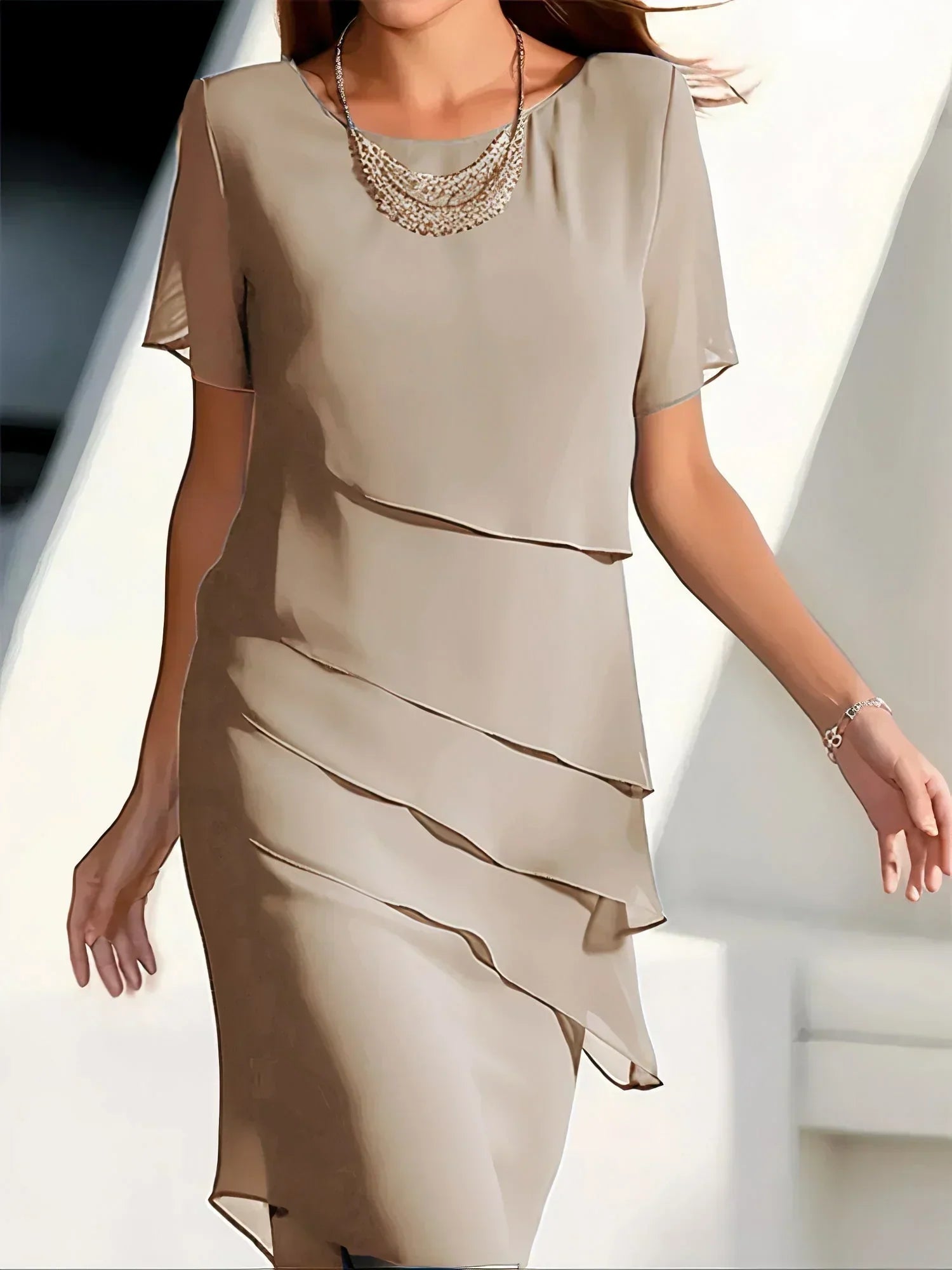 Elyria | Elegante dames chiffon gelaagde midi jurk – Zwierige midi jurk