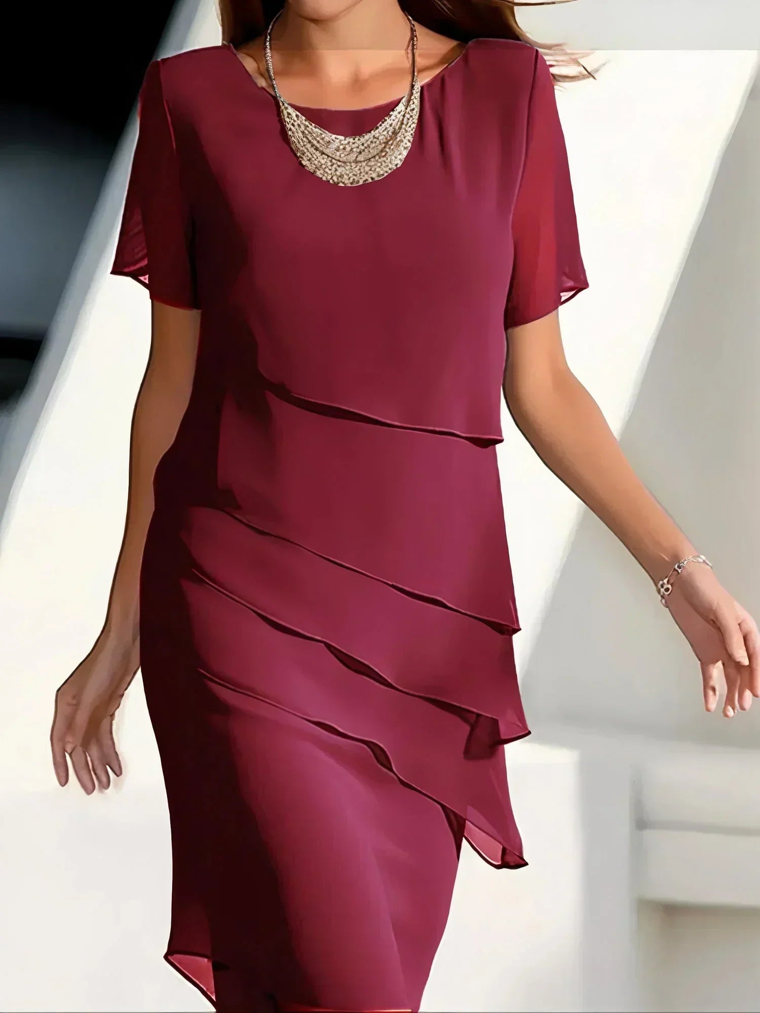 Elyria | Elegante dames chiffon gelaagde midi jurk – Zwierige midi jurk