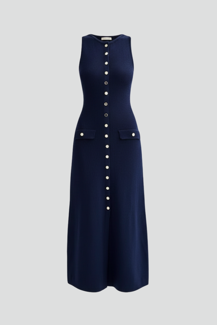 Orienna | Dames gebreide maxi-jurk – mouwloze lange zomerjurk met knoopsluiting aan de voorkant