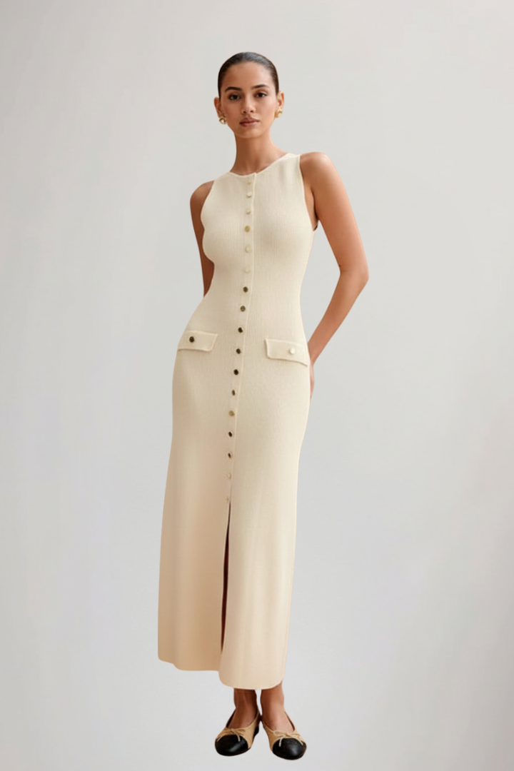 Orienna | Dames gebreide maxi-jurk – mouwloze lange zomerjurk met knoopsluiting aan de voorkant