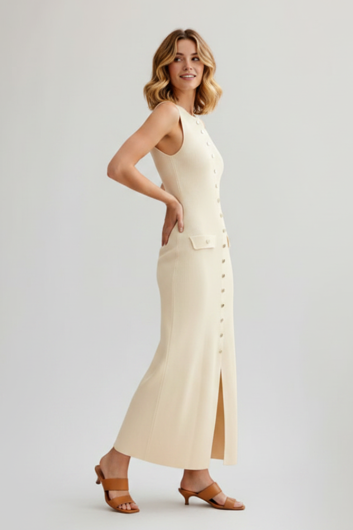 Orienna | Dames gebreide maxi-jurk – mouwloze lange zomerjurk met knoopsluiting aan de voorkant