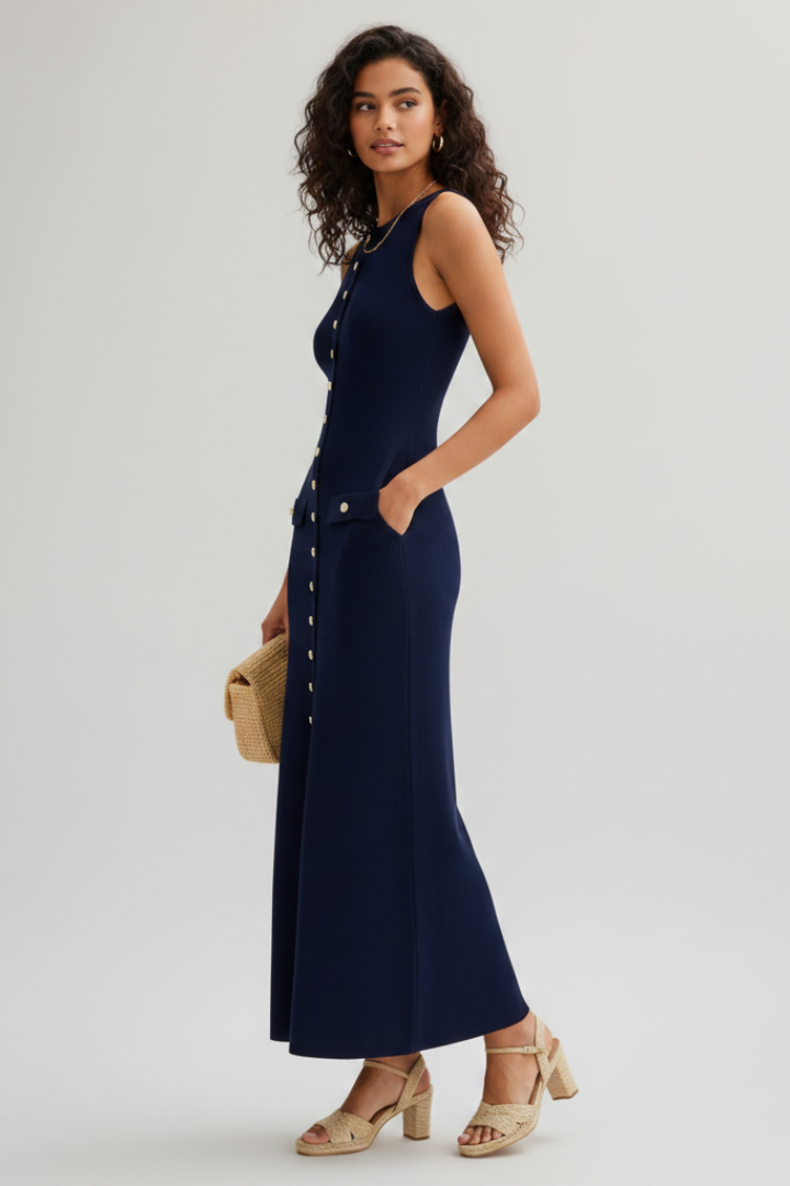 Orienna | Dames gebreide maxi-jurk – mouwloze lange zomerjurk met knoopsluiting aan de voorkant
