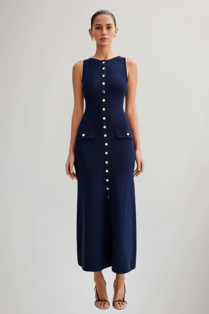 Orienna | Dames gebreide maxi-jurk – mouwloze lange zomerjurk met knoopsluiting aan de voorkant