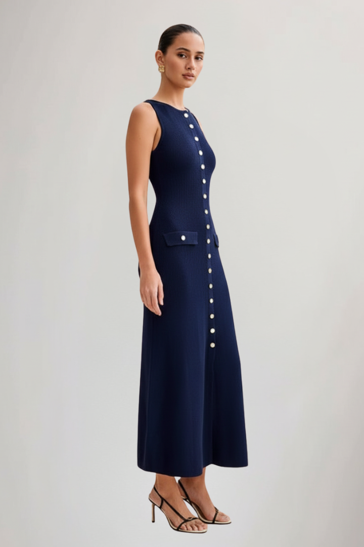 Orienna | Dames gebreide maxi-jurk – mouwloze lange zomerjurk met knoopsluiting aan de voorkant