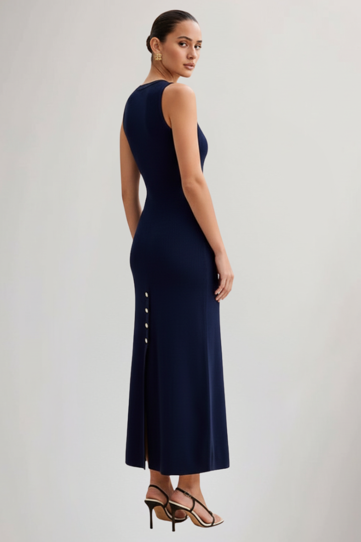 Orienna | Dames gebreide maxi-jurk – mouwloze lange zomerjurk met knoopsluiting aan de voorkant