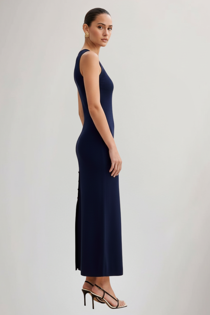 Orienna | Dames gebreide maxi-jurk – mouwloze lange zomerjurk met knoopsluiting aan de voorkant