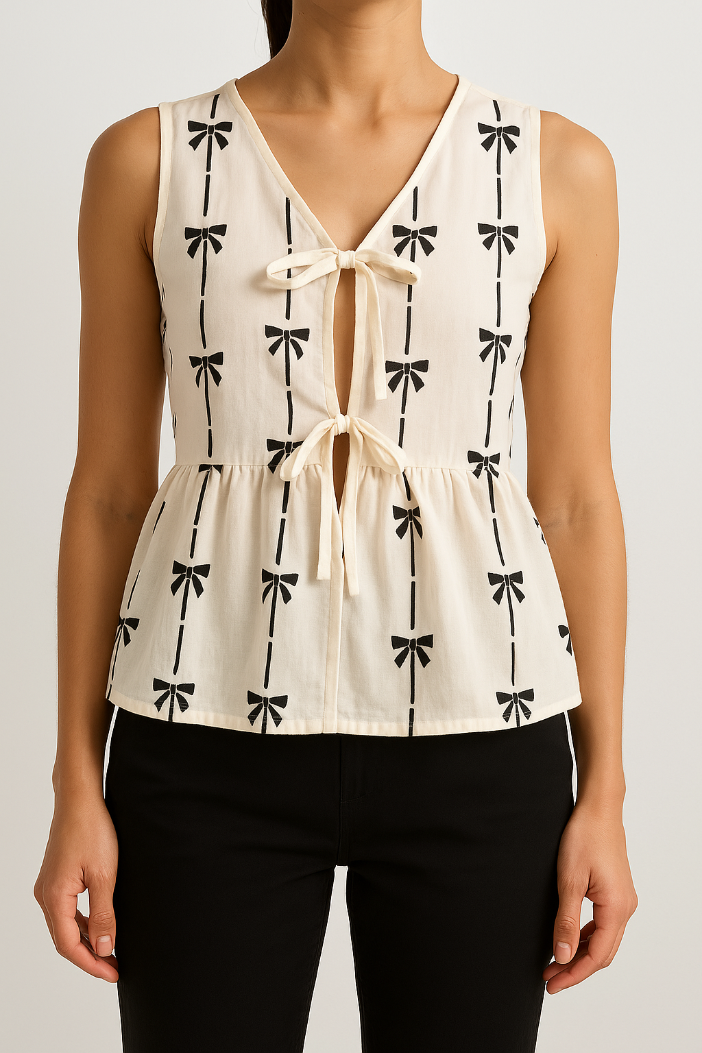 Vionne | bow printed, tie closure, sleeveless top, chic and casual