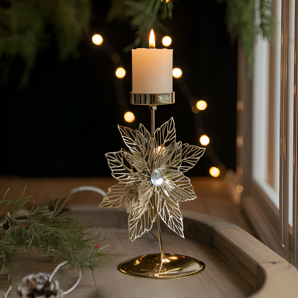 YuletideShine | Vintage gouden kerstkaarsenhouder – Metallic feestelijke decoratie voor thuis en feesttafels