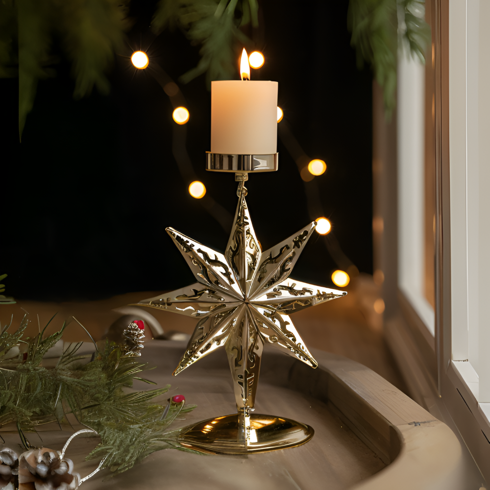 YuletideShine | Vintage gouden kerstkaarsenhouder – Metallic feestelijke decoratie voor thuis en feesttafels