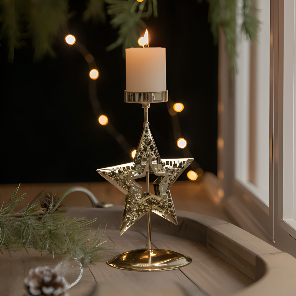 YuletideShine | Vintage gouden kerstkaarsenhouder – Metallic feestelijke decoratie voor thuis en feesttafels