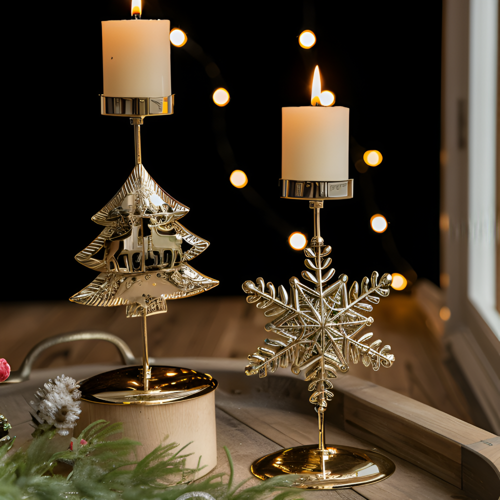 YuletideShine | Vintage gouden kerstkaarsenhouder – Metallic feestelijke decoratie voor thuis en feesttafels