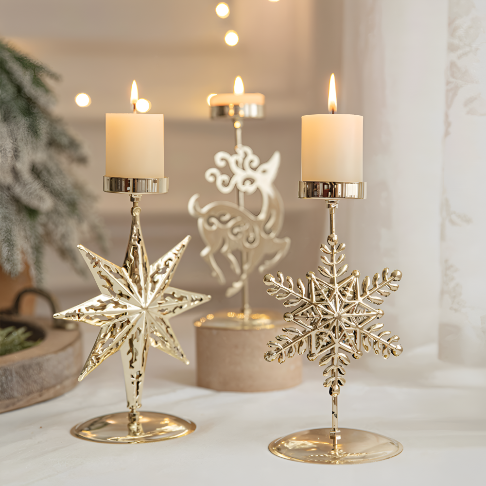 YuletideShine | Vintage gouden kerstkaarsenhouder – Metallic feestelijke decoratie voor thuis en feesttafels