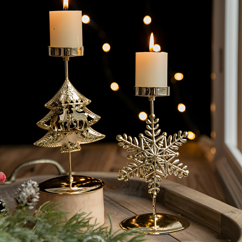 YuletideShine | Vintage gouden kerstkaarsenhouder – Metallic feestelijke decoratie voor thuis en feesttafels