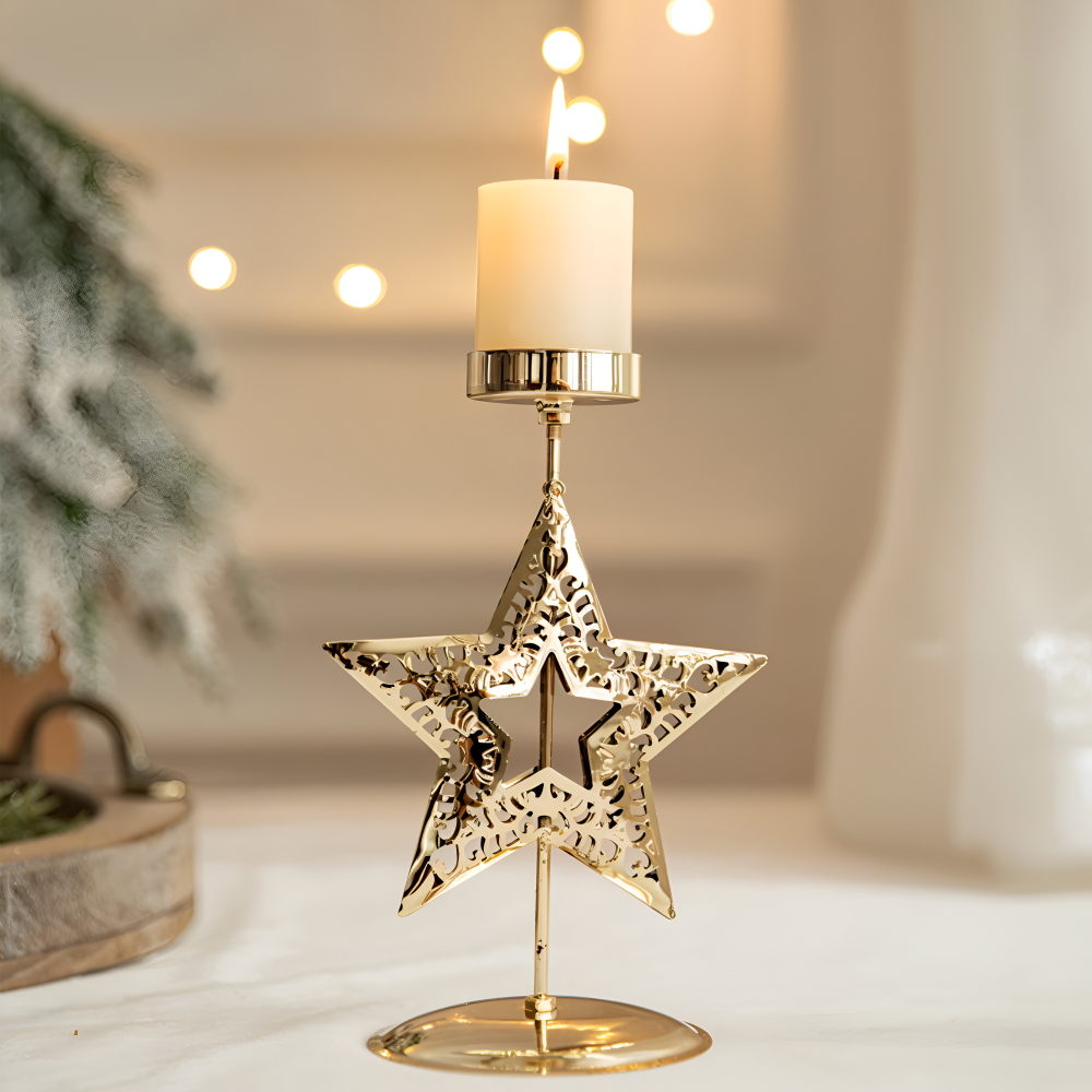 YuletideShine | Vintage gouden kerstkaarsenhouder – Metallic feestelijke decoratie voor thuis en feesttafels