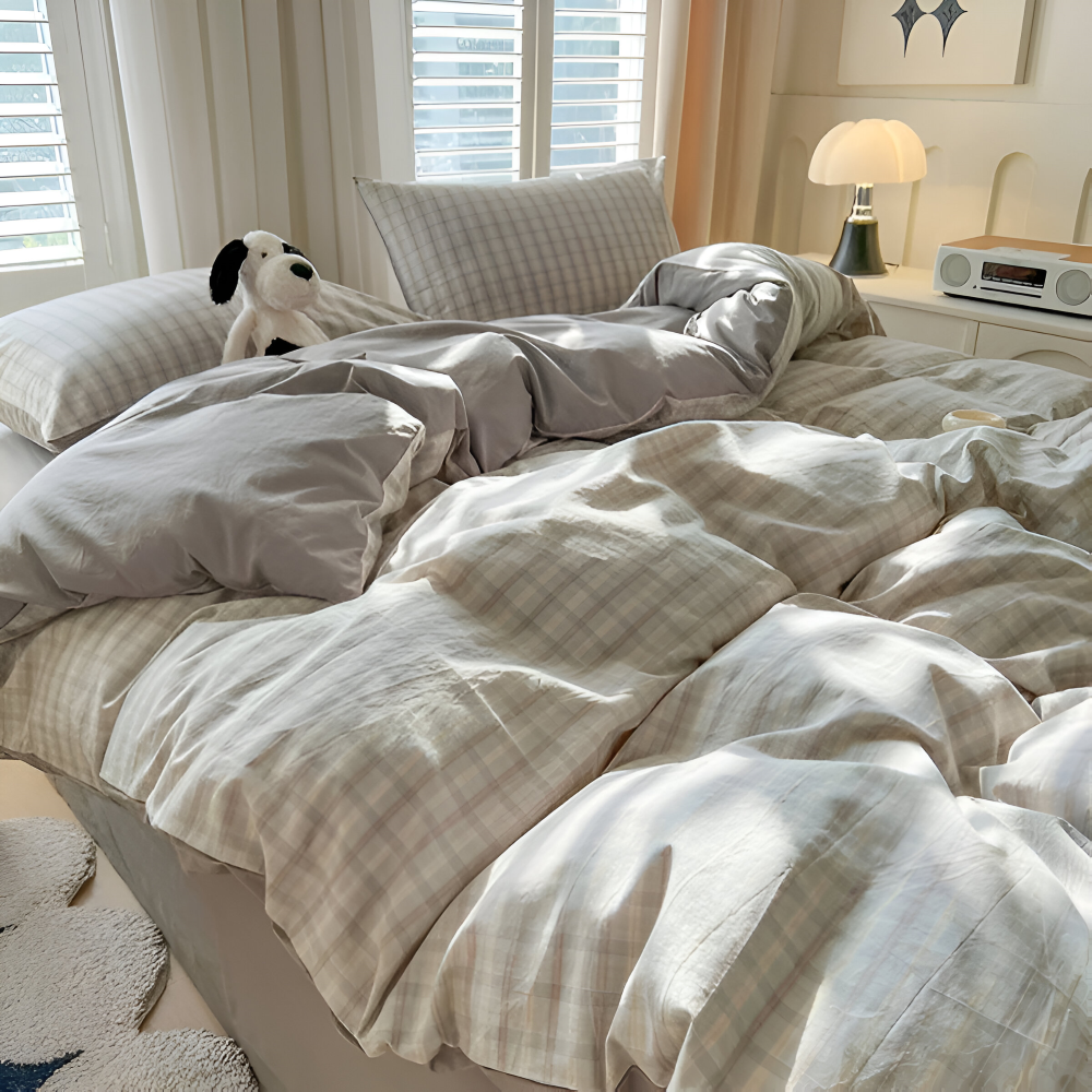 LineHaven | Moderne katoenen beddenset met ruitjesmotief en ritssluiting