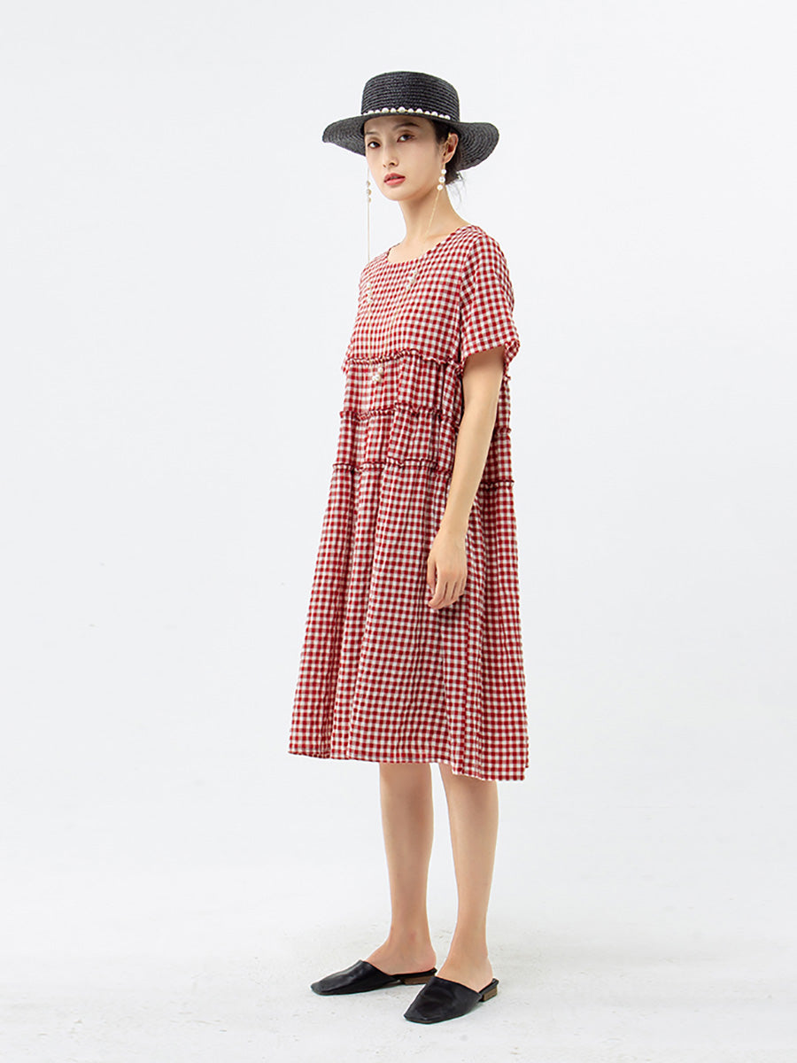 Mirielle | Dames Midi-jurk met korte mouwen en geruit patroon, casual losse zomerjurk
