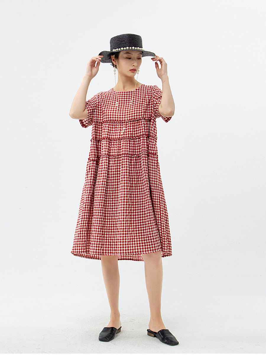 Mirielle | Dames Midi-jurk met korte mouwen en geruit patroon, casual losse zomerjurk