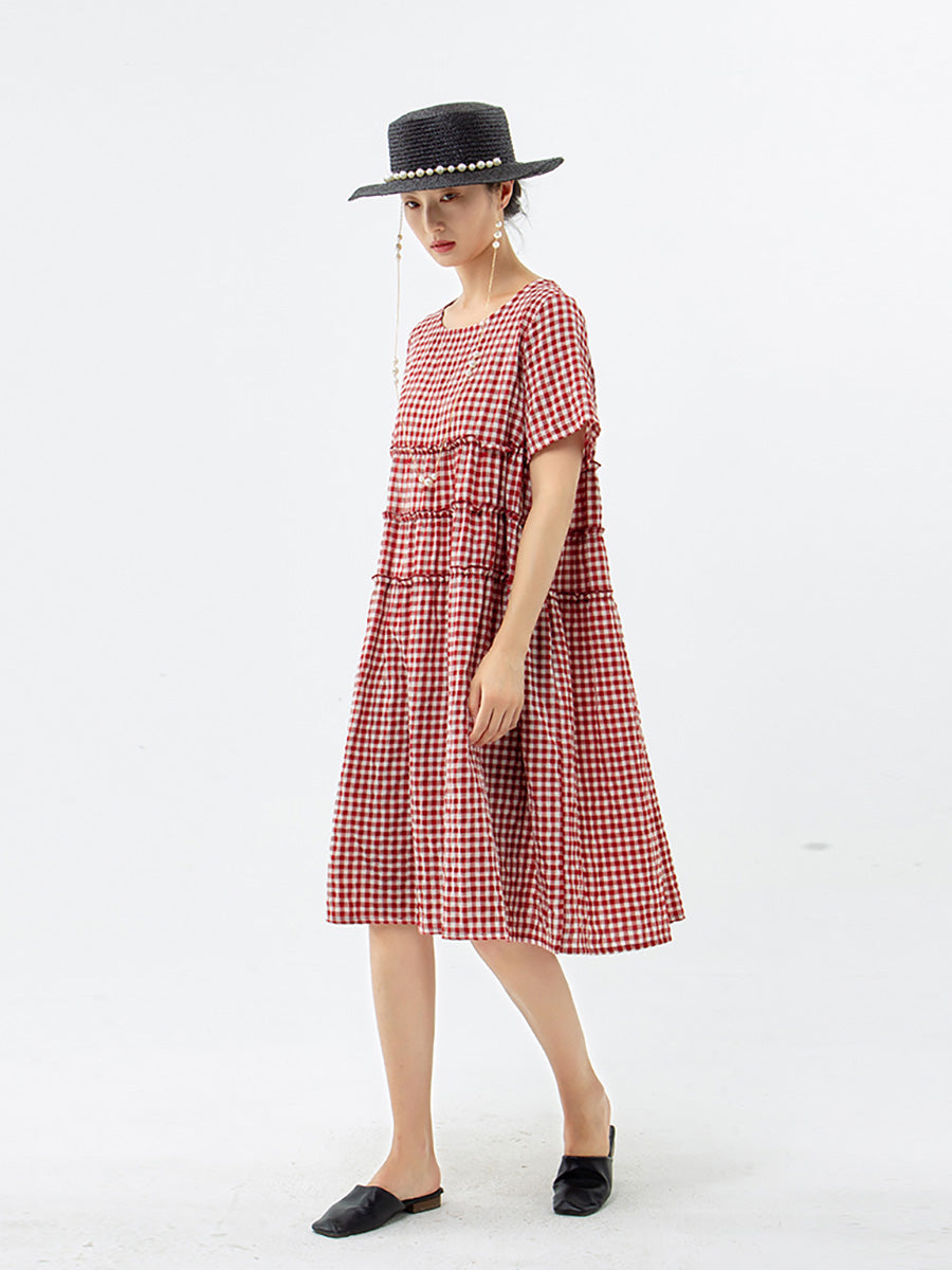 Mirielle | Dames Midi-jurk met korte mouwen en geruit patroon, casual losse zomerjurk