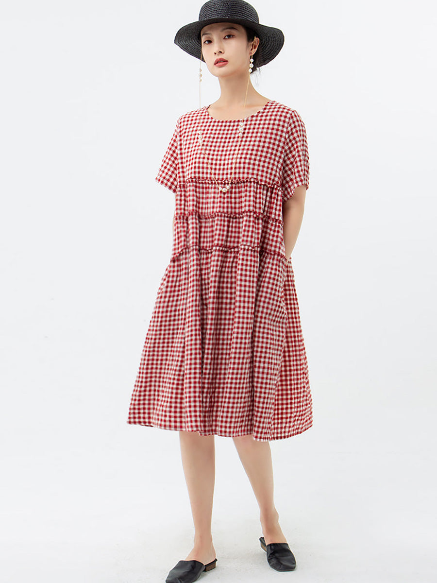 Mirielle | Dames Midi-jurk met korte mouwen en geruit patroon, casual losse zomerjurk