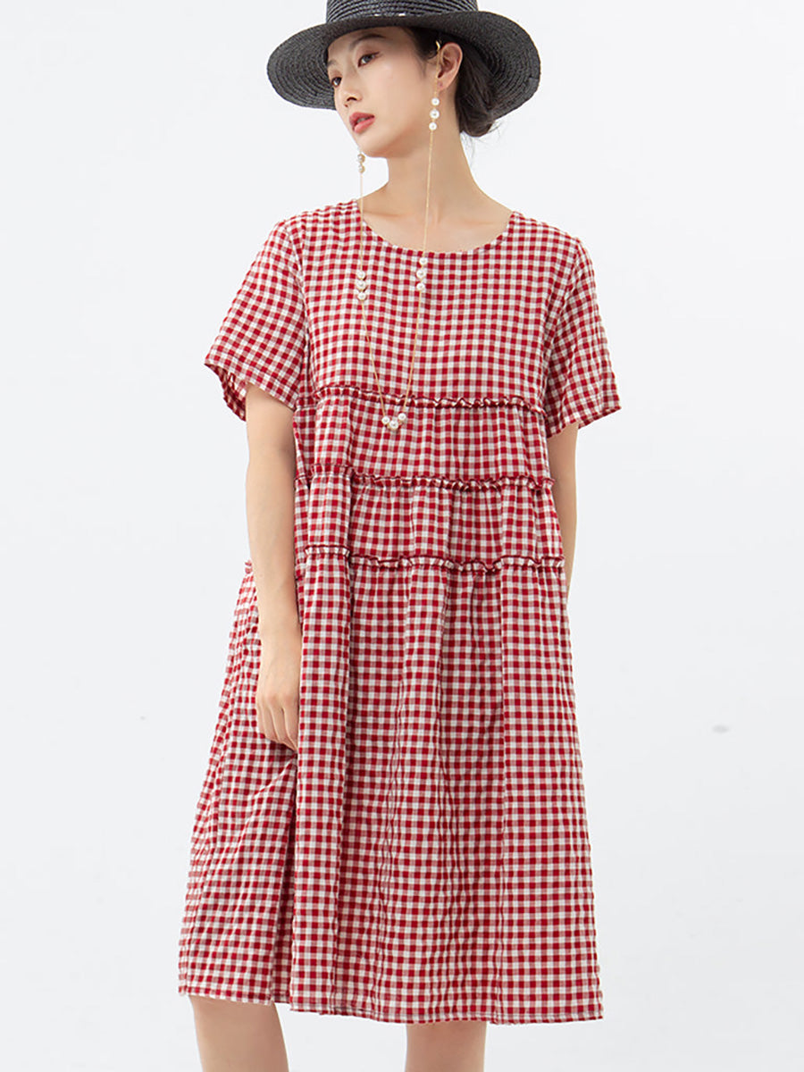 Mirielle | Dames Midi-jurk met korte mouwen en geruit patroon, casual losse zomerjurk