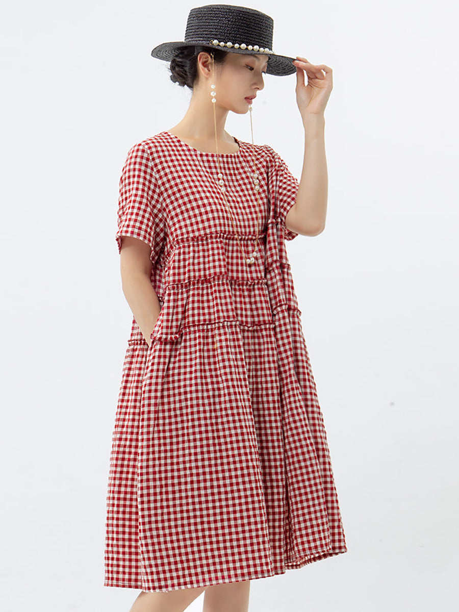 Mirielle | Dames Midi-jurk met korte mouwen en geruit patroon, casual losse zomerjurk