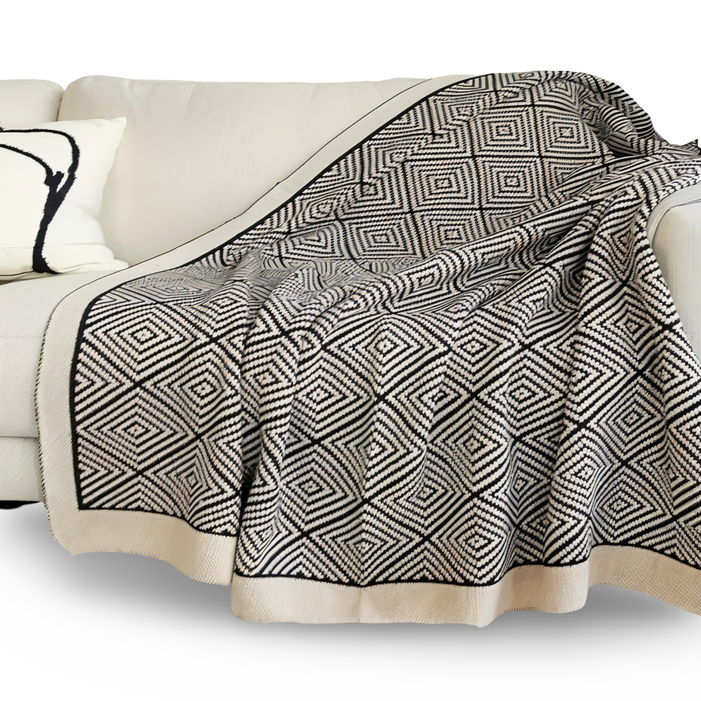 BlanketEdge | Gezellige geometrische weving – zwart-witte polyester plaid voor bank en bed