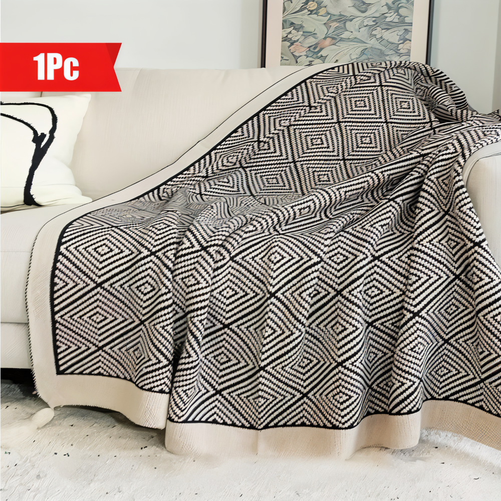 BlanketEdge | Gezellige geometrische weving – zwart-witte polyester plaid voor bank en bed