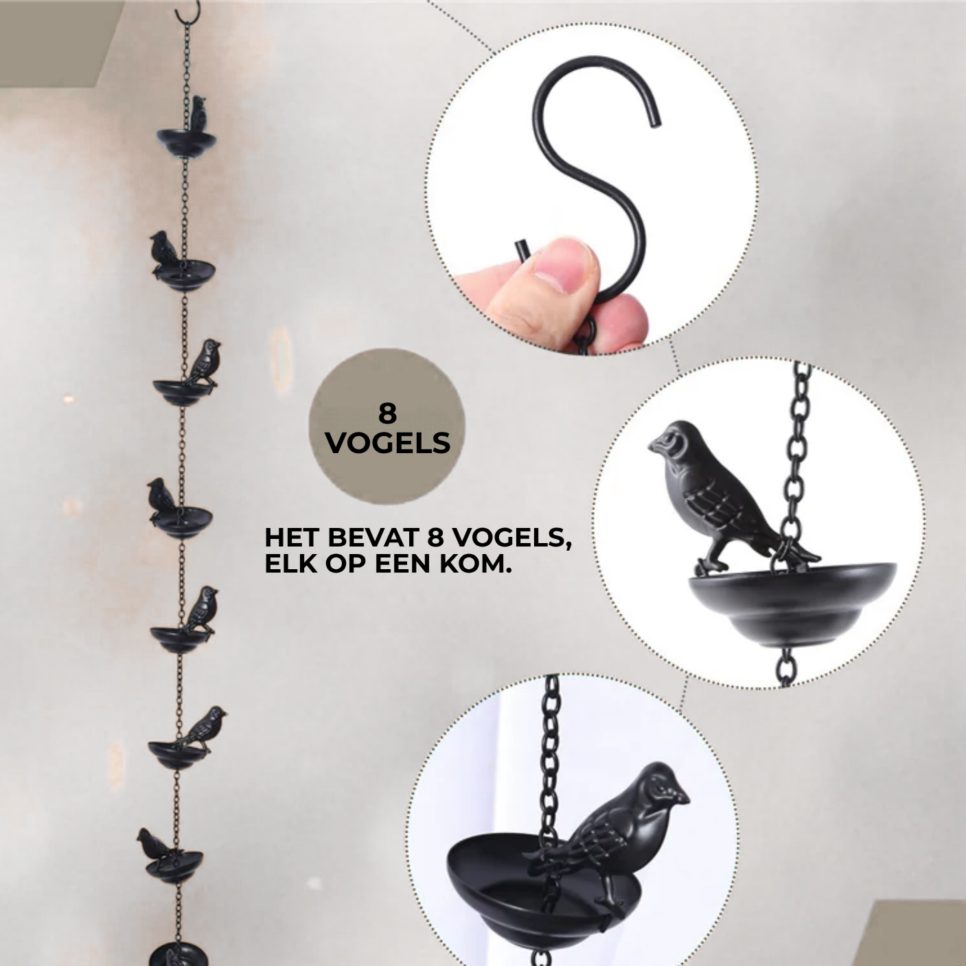 RainPerch | Metalen Vogelregenketting - Hangend Regenornament voor Buiten met Koppen & Vogels