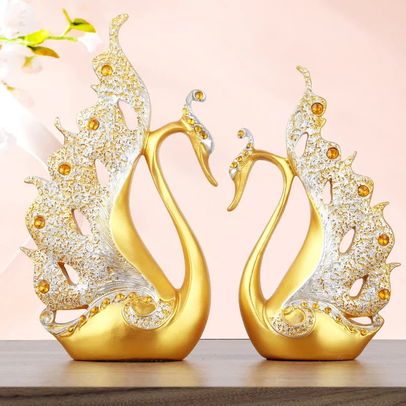 SwanElara | Luxe Gouden Zwaan Beeldjes - Elegant Romantisch Decor voor Paar, Gouden Accent Sculptuur