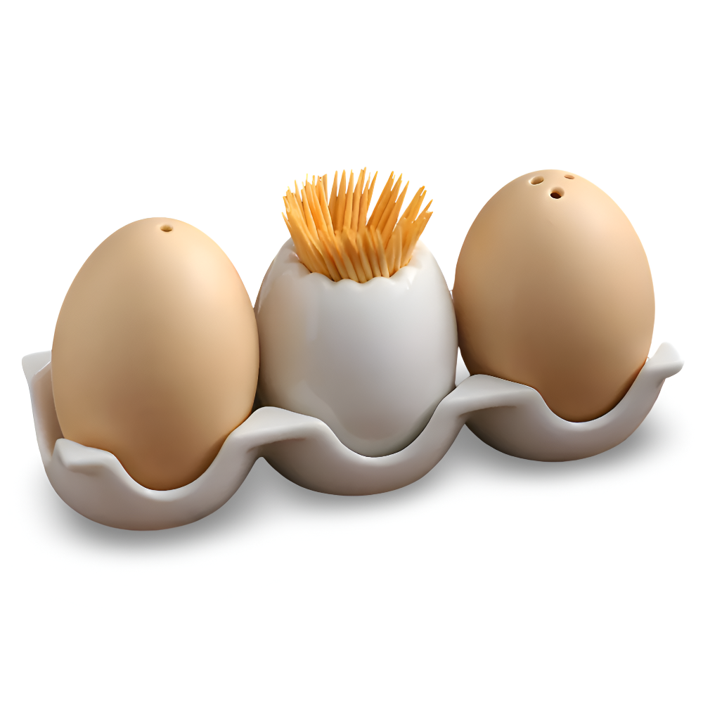 Eggory | Keramische eivormige kruidenflesjes met tandenstokerhouder – voedselveilig, compact