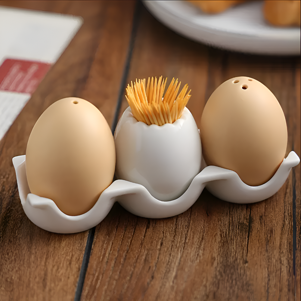 Eggory | Keramische eivormige kruidenflesjes met tandenstokerhouder – voedselveilig, compact