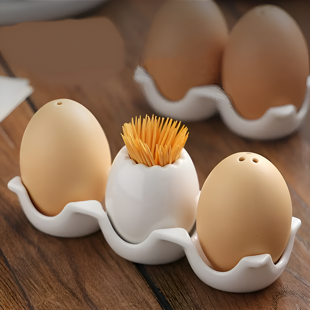 Eggory | Keramische eivormige kruidenflesjes met tandenstokerhouder – voedselveilig, compact