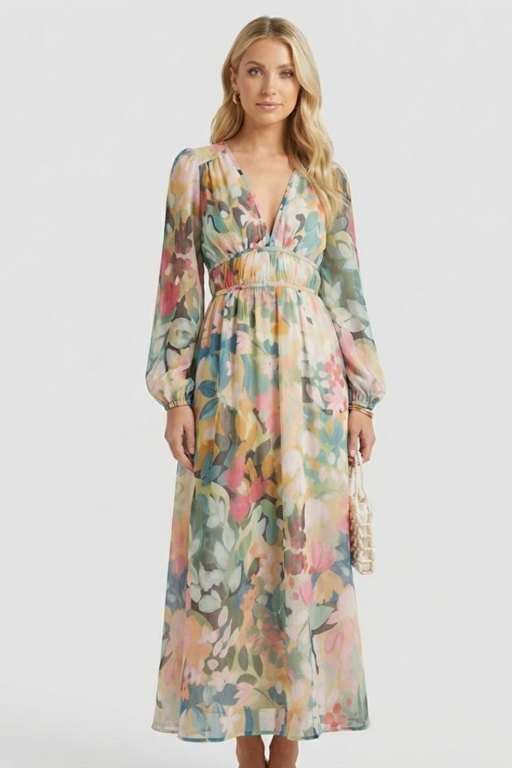 Zirevra | Dames maxi-jurk met bloemenprint – lange mouwen, V-hals