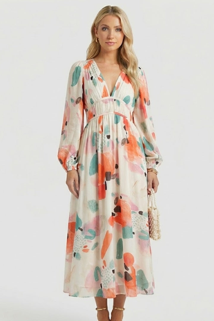 Zirevra | Dames maxi-jurk met bloemenprint – lange mouwen, V-hals
