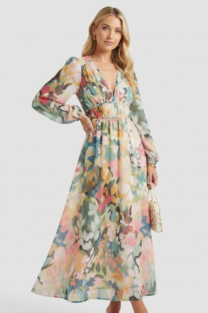 Zirevra | Dames maxi-jurk met bloemenprint – lange mouwen, V-hals
