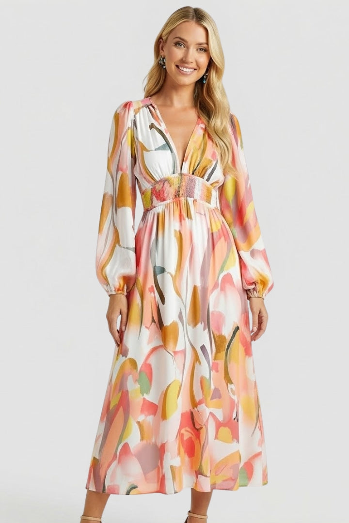 Zirevra | Dames maxi-jurk met bloemenprint – lange mouwen, V-hals