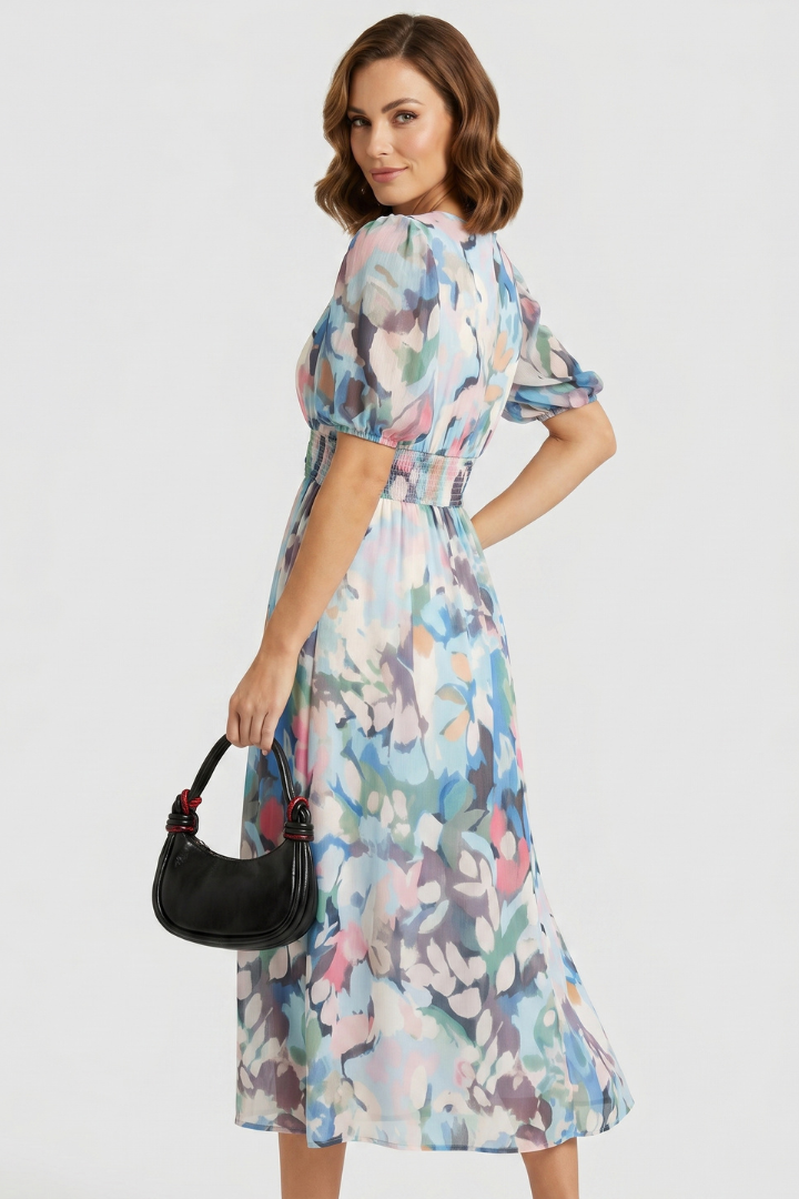 Zirevra | Dames maxi-jurk met bloemenprint – lange mouwen, V-hals