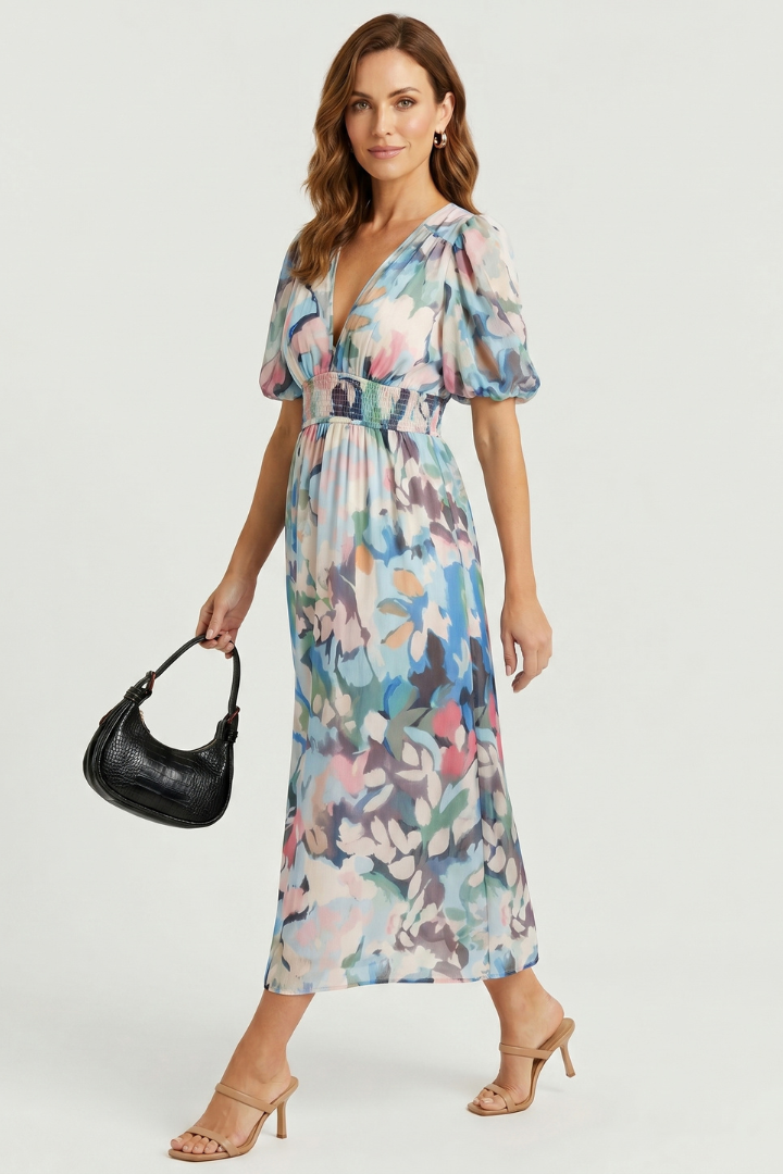 Zirevra | Dames maxi-jurk met bloemenprint – lange mouwen, V-hals