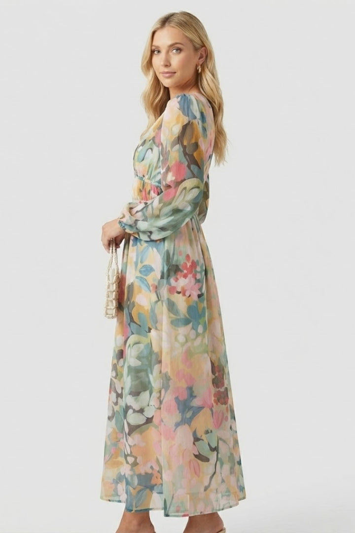 Zirevra | Dames maxi-jurk met bloemenprint – lange mouwen, V-hals