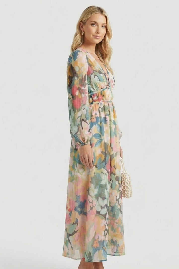 Zirevra | Dames maxi-jurk met bloemenprint – lange mouwen, V-hals