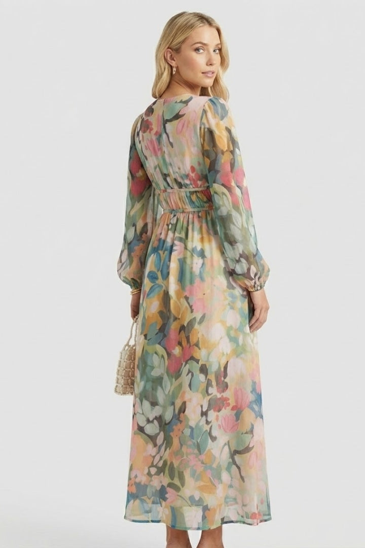 Zirevra | Dames maxi-jurk met bloemenprint – lange mouwen, V-hals