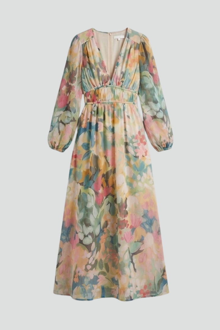 Zirevra | Dames maxi-jurk met bloemenprint – lange mouwen, V-hals