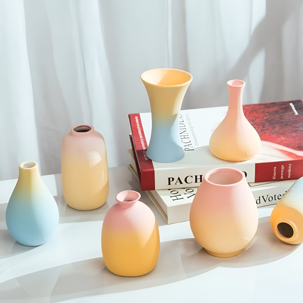 PastelHaven | Keramische macaronvaas – Kleurrijke artistieke woondecoratie en tafeldecoratie