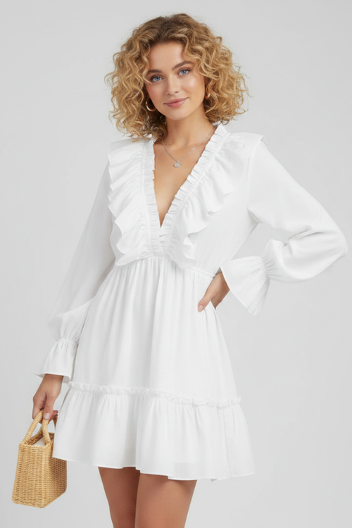 Azra | SoftMotion mini-jurk – elegante korte jurk met V-hals, ruches en lange mouwen