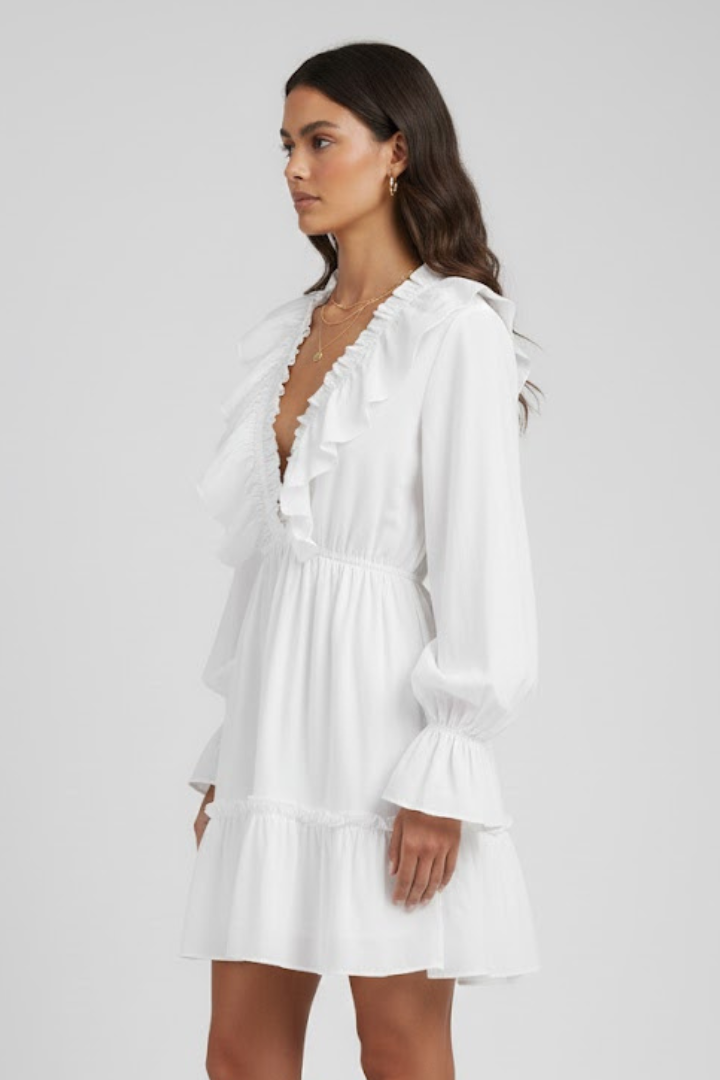 Azra | SoftMotion mini-jurk – elegante korte jurk met V-hals, ruches en lange mouwen